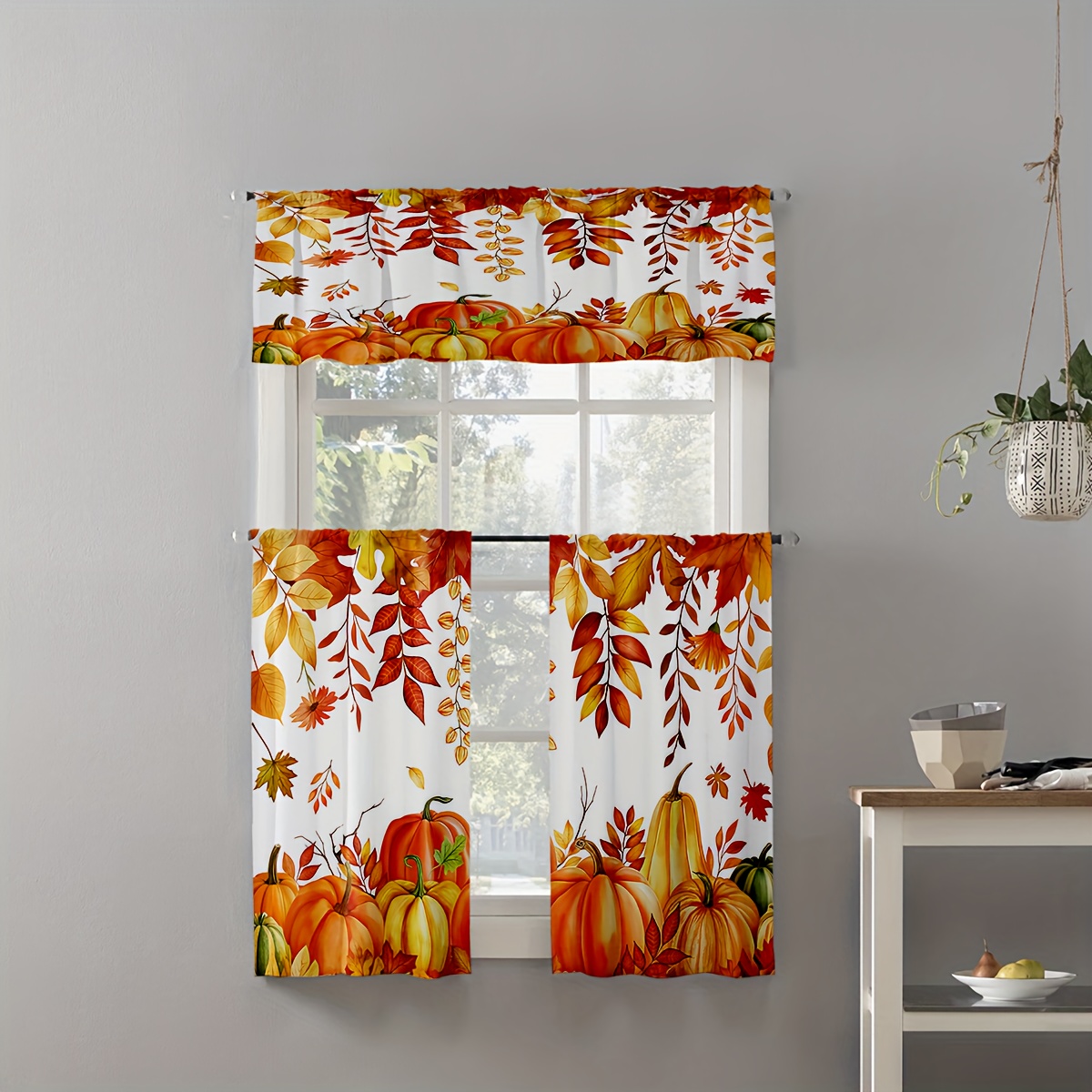 Commercial Kitchen Canopy - Autumn Leaves Pumpkin Kitchen Curtain, Fall